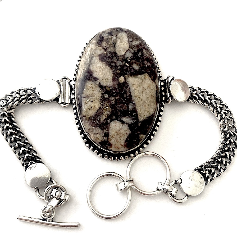 Silver-Tone Natural Stone Oval Bracelet - Gray and Black